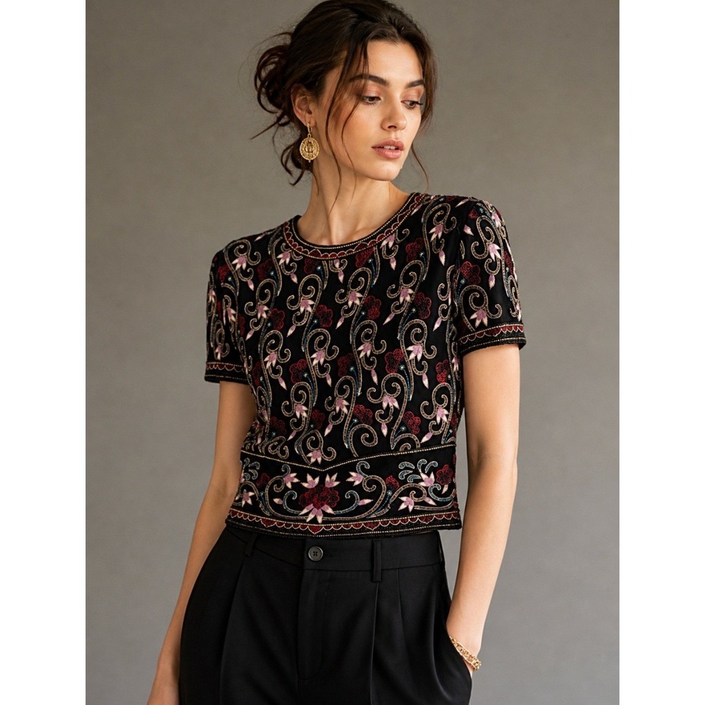 Vintage Silk Embroidered Beaded Top SMALL Black Floral Crop Boho Glam Evening